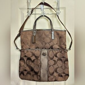 Coach Signature brown Fold over Overnight Crossbody Tote bag handbag